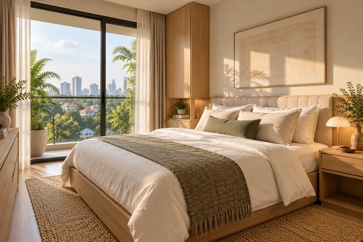 A peaceful bedroom with city views